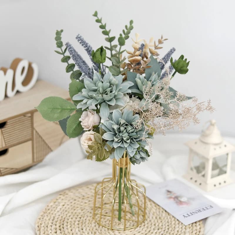 Dahlia Rose Green Wavy Sage Assorted ‌Turquoise Artificial Flower Lavender Bouquet Faux Silk Home Wedding Room Table Vase Decor