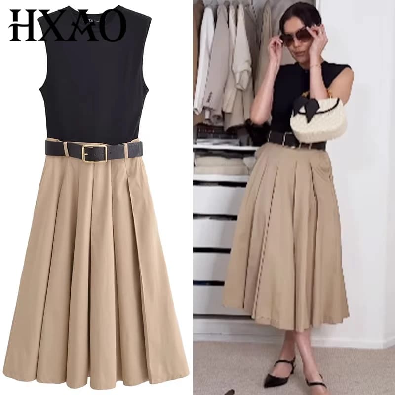 HXAO 2025 Women's Pleated Dress Summer O-Necklace Sleeveless Long Dresses Patchwork Dresses Fashion Resort Dresses