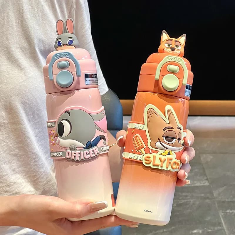 Disney Zootopia Judy Nick Thermos Cup 316 Acciaio inossidabile Anime Periferia Acciaio Paglia Bottiglia d'acqua a doppio uso Ventilatore Regalo per studenti a sorpresa