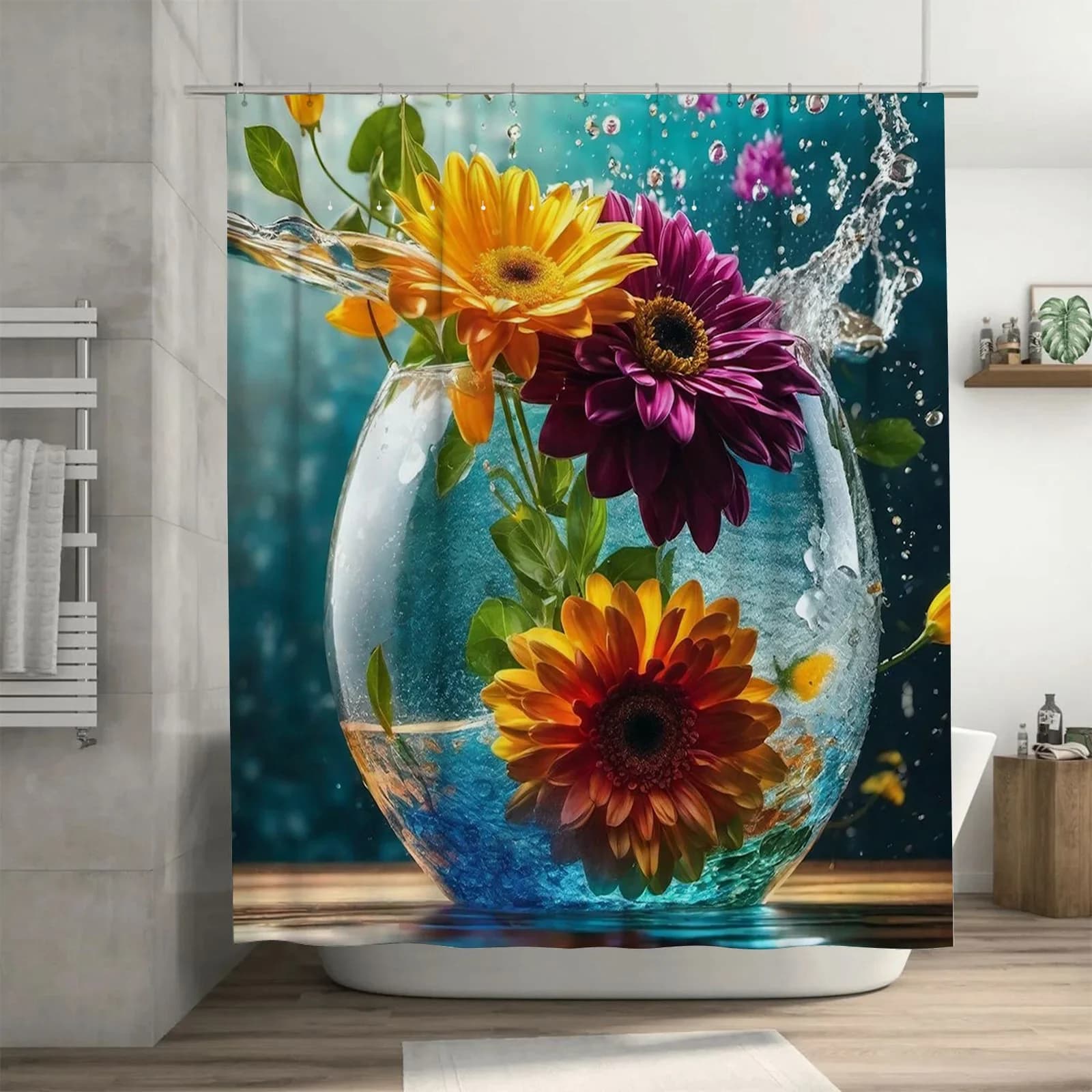 Tenda da doccia artistica con vaso floreale vibrante girasole - Design impermeabile per un arredamento da bagno elegante, unico e accogliente