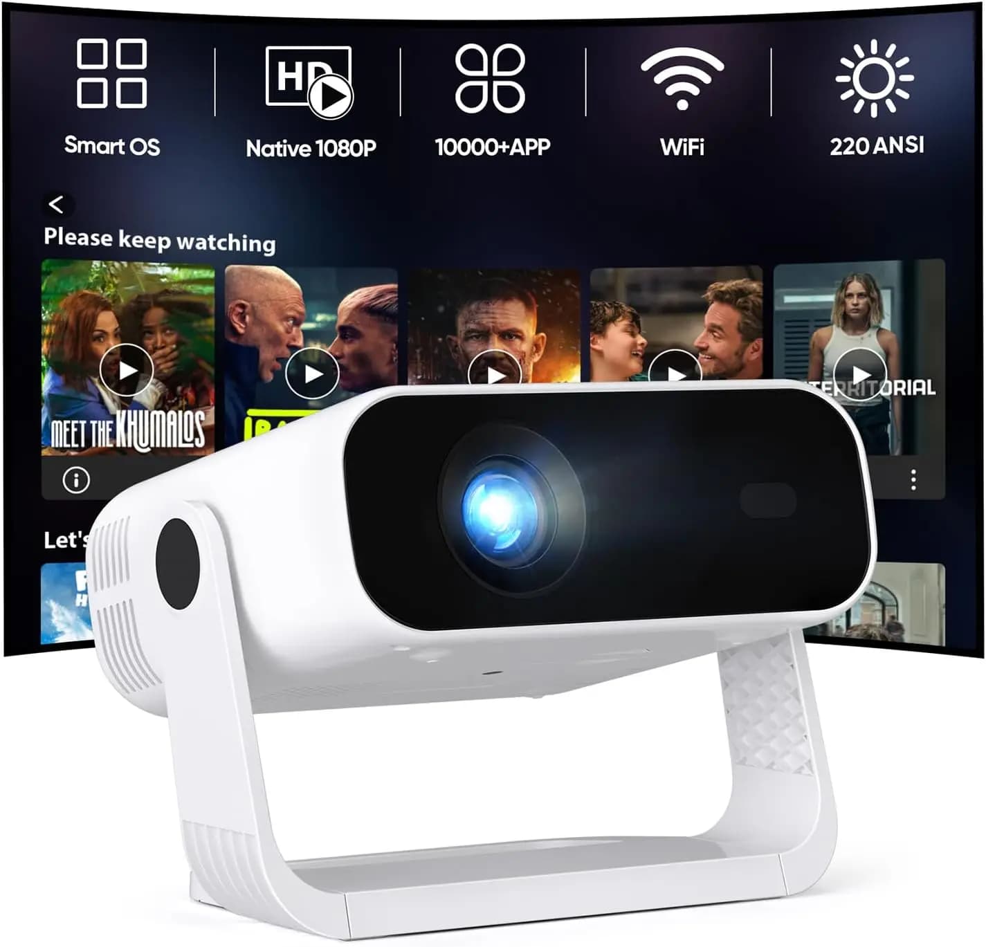 Mini Proiettore Intelligente con WiFi e Bluetooth, 220 ANSI 1080P HD, 360° ° Supporto Girevole, Oltre 10000 App Integrate, Proiettore Portatile per Film Domestici