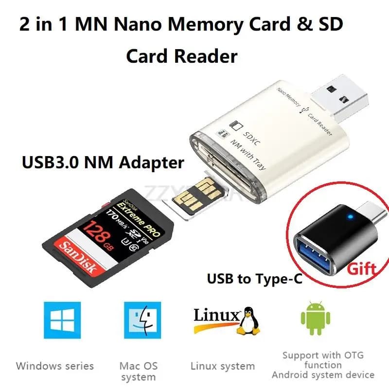 USB3.0 NM Card Reader 2 in 1 Nano Memory Card & SD Card Reader Portable USB NM Memory Card Adapter for Huawei Honor Laptop