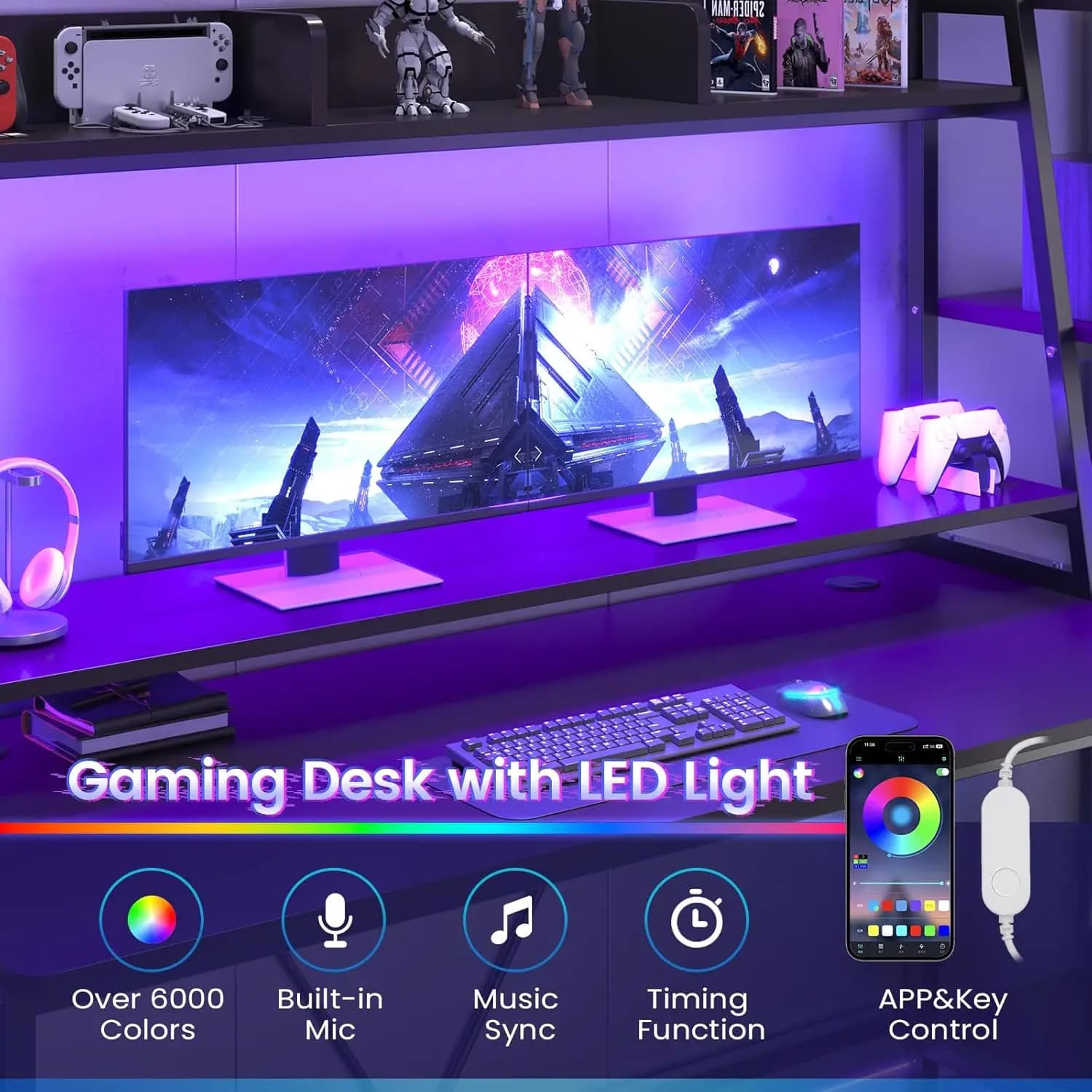 Scrivania da Gaming Grande con Illuminazione LED, Supporto Monitor, Cassetto e Scaffali, Postazione Ergonomica per Camera da Letto o Soggiorno, Nera