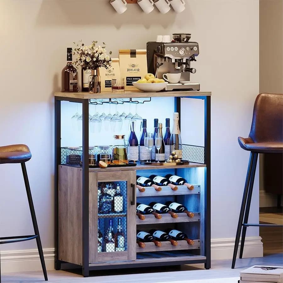 Mobiletto, mobiletto industriale per vini con luce LED e ripiano in vetro rimovibile, mobiletto per liquori con portabottiglie regolabile, per la casa