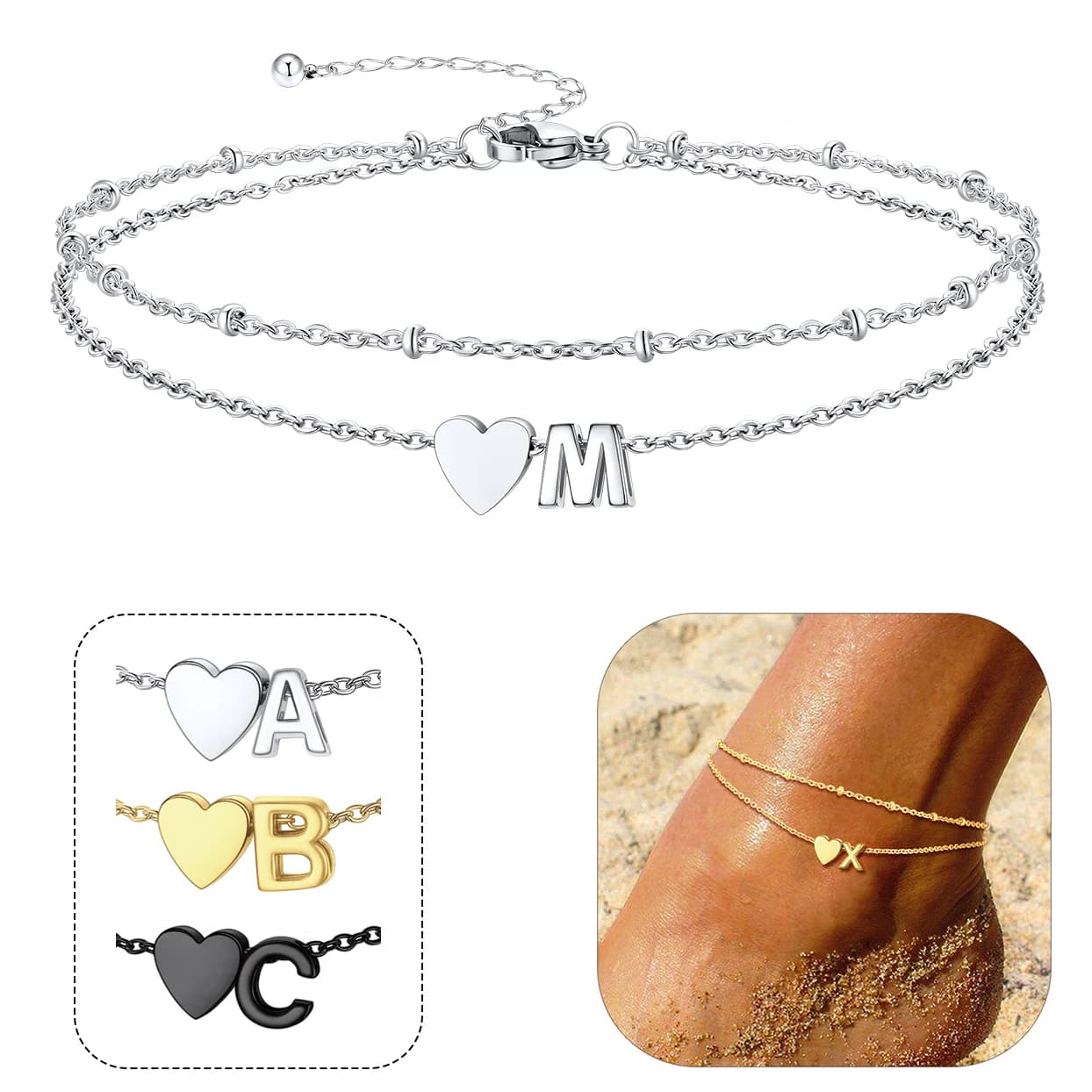 Cavigliera U7 con ciondolo a cuore e lettere iniziali, catene a strati, doppia catena Rolo, gioielli da caviglia da donna, idea regalo