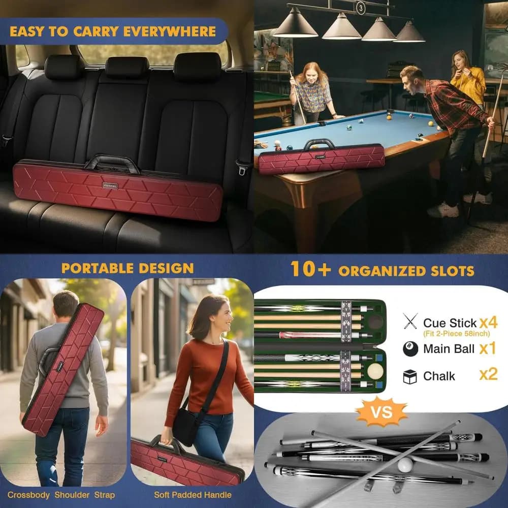 Resistente custodia per stecche da biliardo con guscio rigido 4x4 con 10 scomparti imbottiti, manico in pelle e cinturino da viaggio