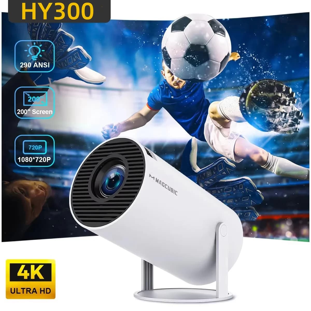Mini Proiettore Supporto 4K 1080P con WIFI6 Dual Band 5G Wireless Android 14 290 ANSI 180 ° Video Rotante HY300 NUOVO 2026