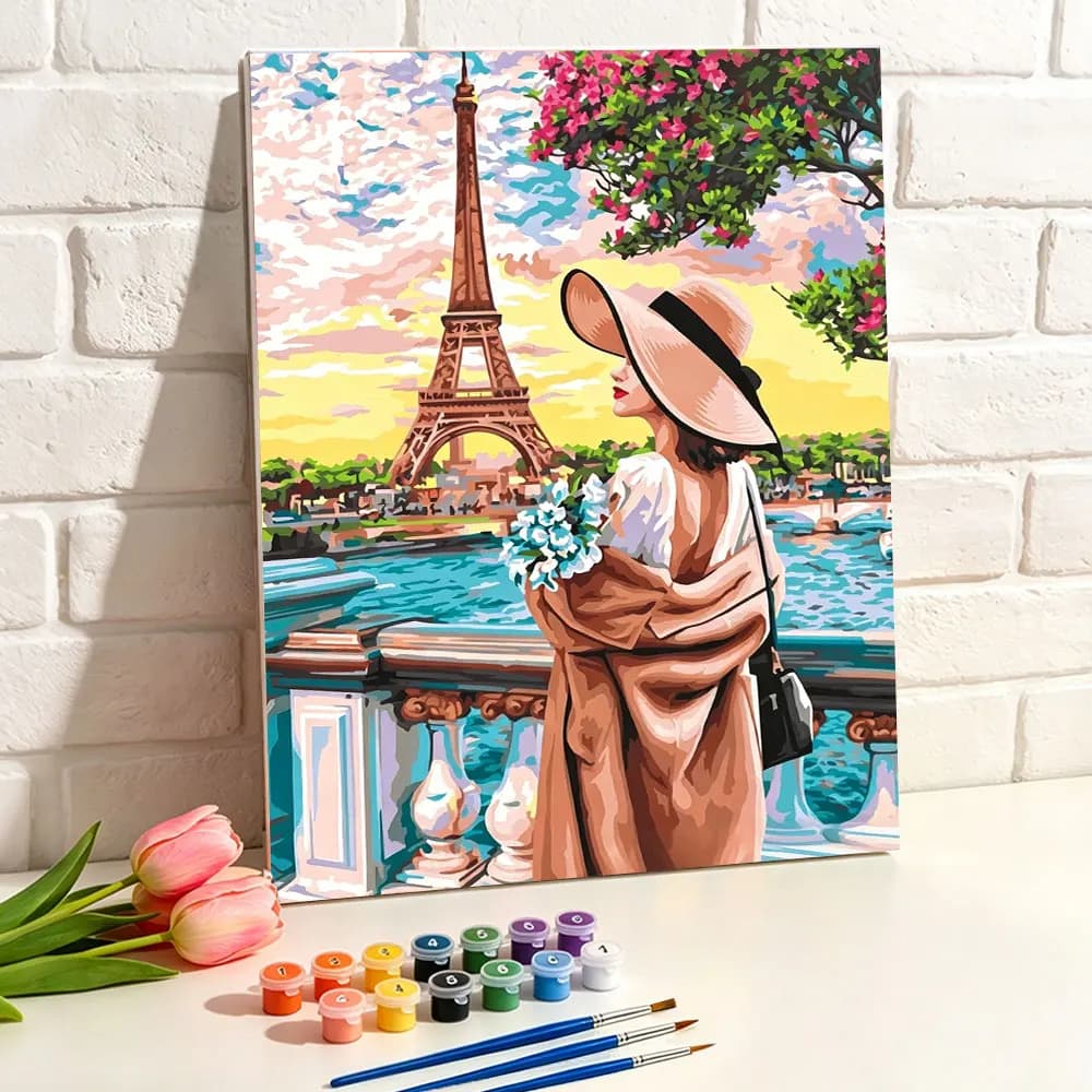 Paint By Number Eiffel Tower Straw Hat Girl Colorful Digital Oil Painting By Numbers Handmade Hobby Home Decoration