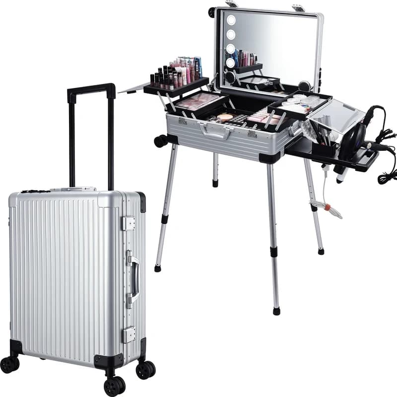 Valigia Trucco Professionale da 24'' con Specchio Illuminato Full Screen, Altoparlante Bluetooth, Trolley in Alluminio per Barbiere, Postazione per Salone di Bellezza