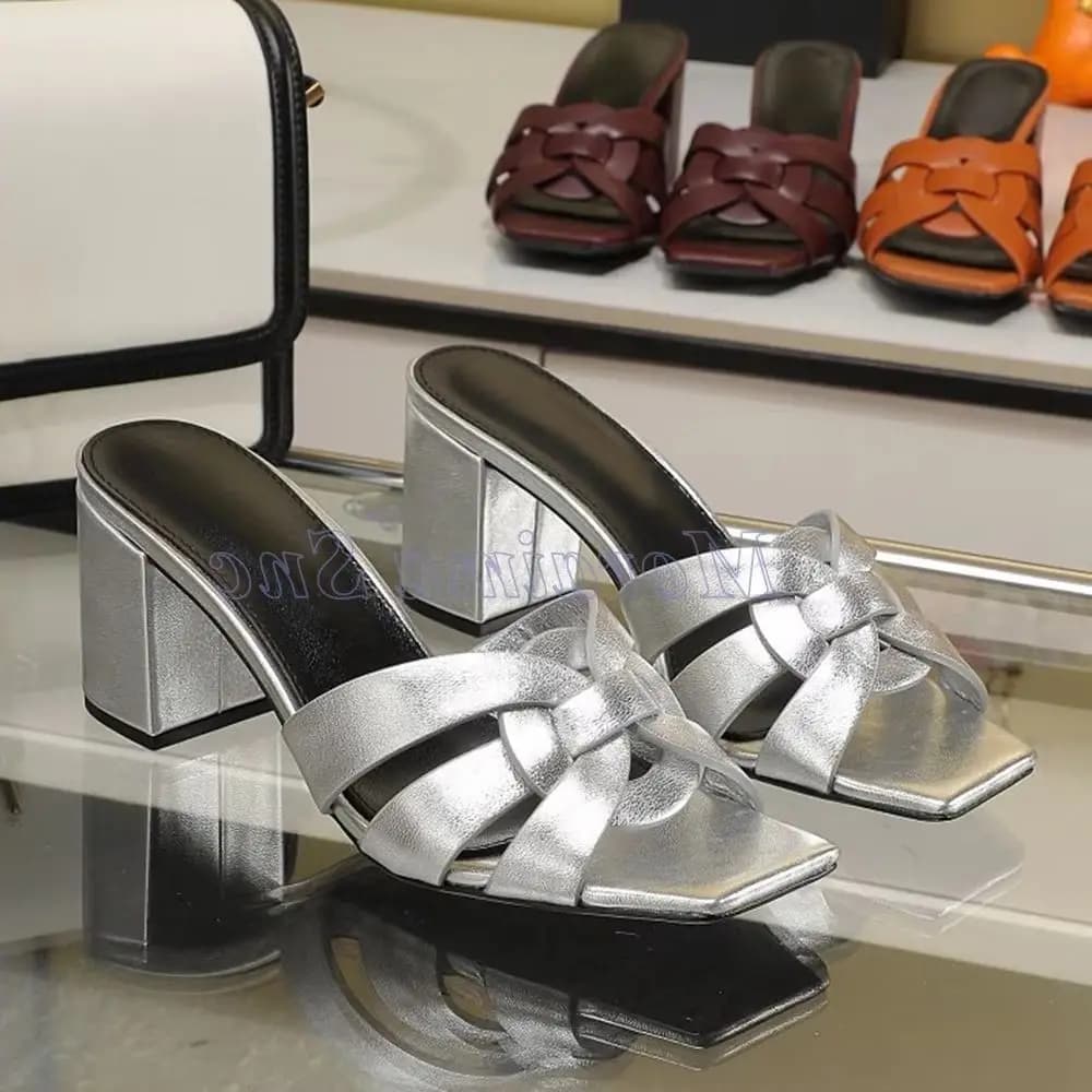 Sexy Women's Sandals with Largo Heel and Braided Square Toe, Ciabatte Estive Marroni Tinta Unit, New Arrivals 2026