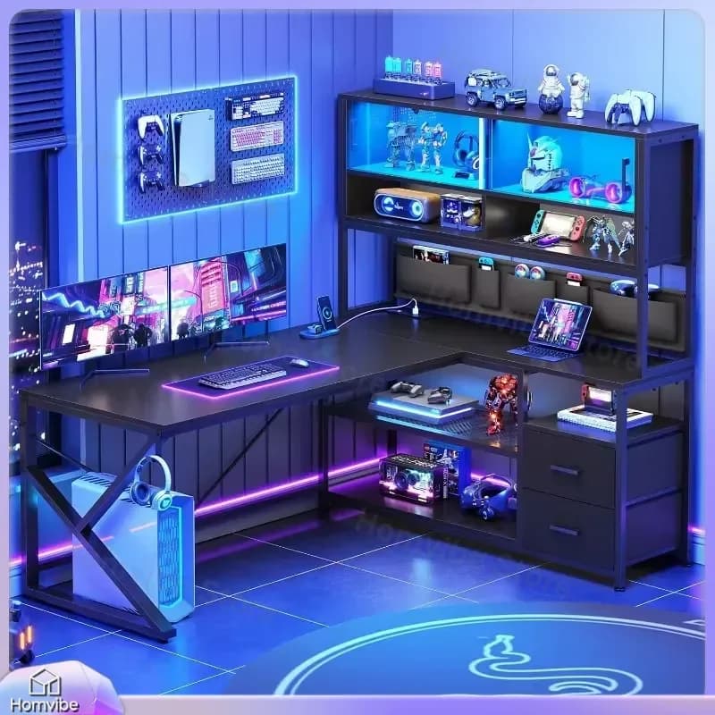 Scrivania da Gaming a L con Luci LED, Scrivania per Computer per Ufficio Domestico, Postazione Angolare con 2 Cassetti e Libreria, Scrivania Moderna