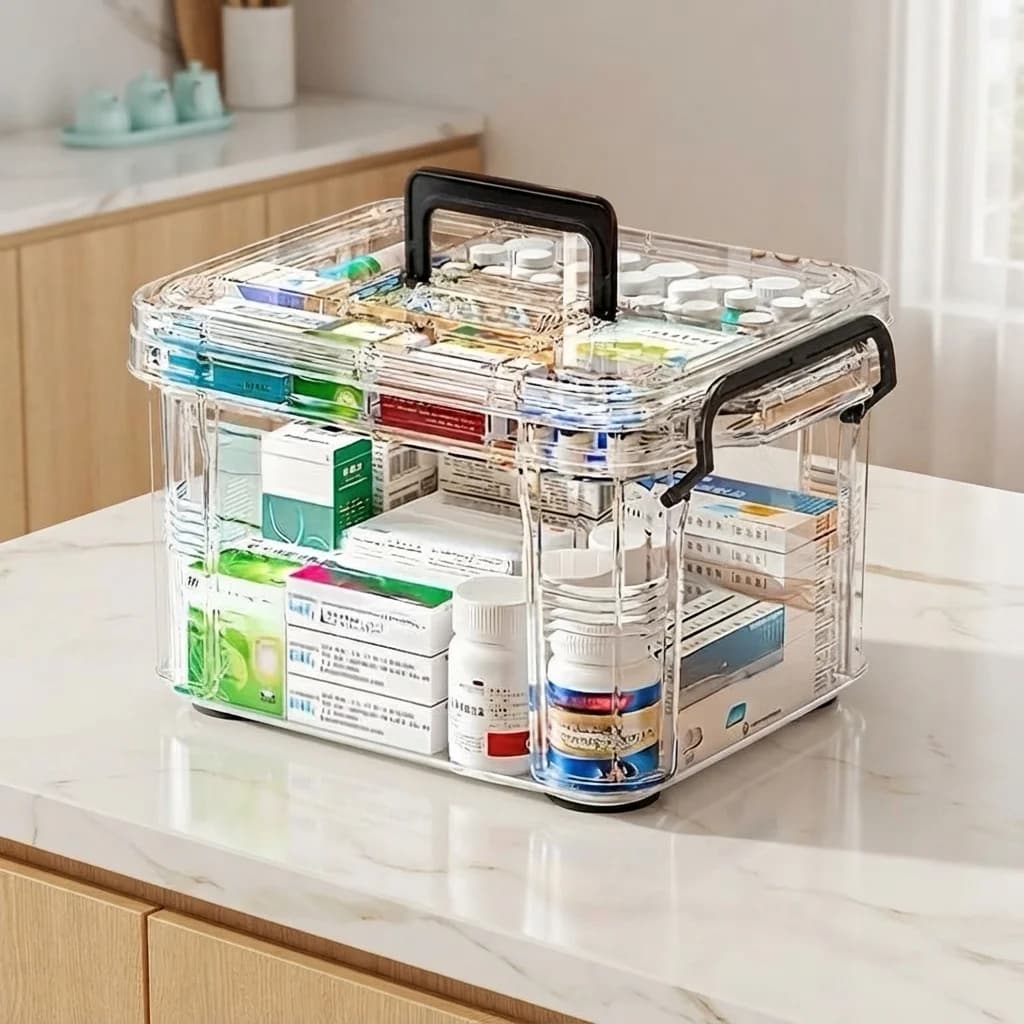 Clear Plastic Medicine Storage Box Portable First Aid Kit Stackable Pill Organizer with Handle for Home Family Bathroom Use