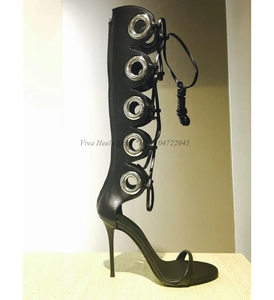 Vintage Black Leather Metal Ring Summer Boots Women's Sexy Lace up Open Toe High Heels Sandals Luxury Designer Party Shoes