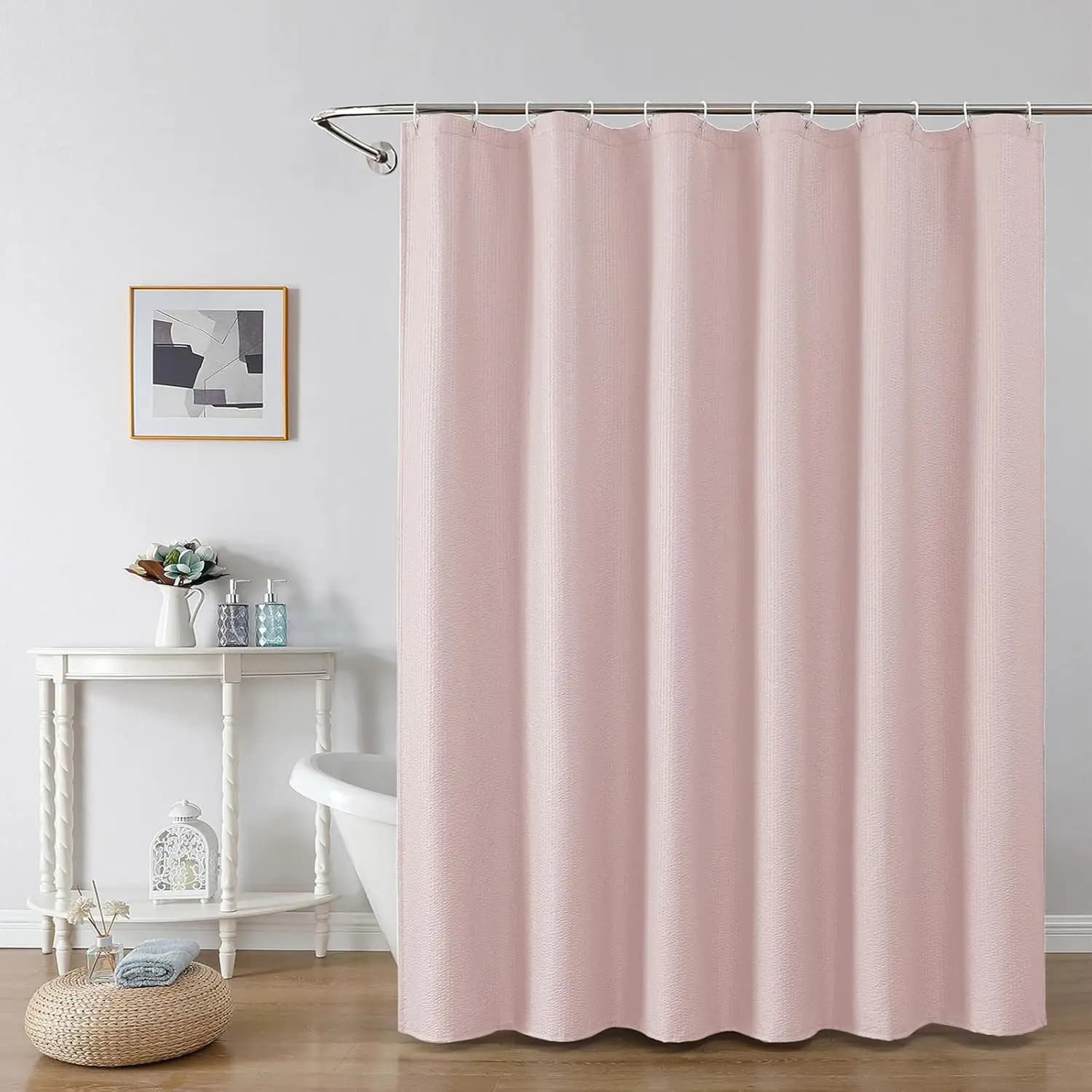 Tenda da Doccia Rosa 72x72 Pollici, Tessuto Waffle 3D Goffrato, Idrorepellente e Lavabile in Lavatrice