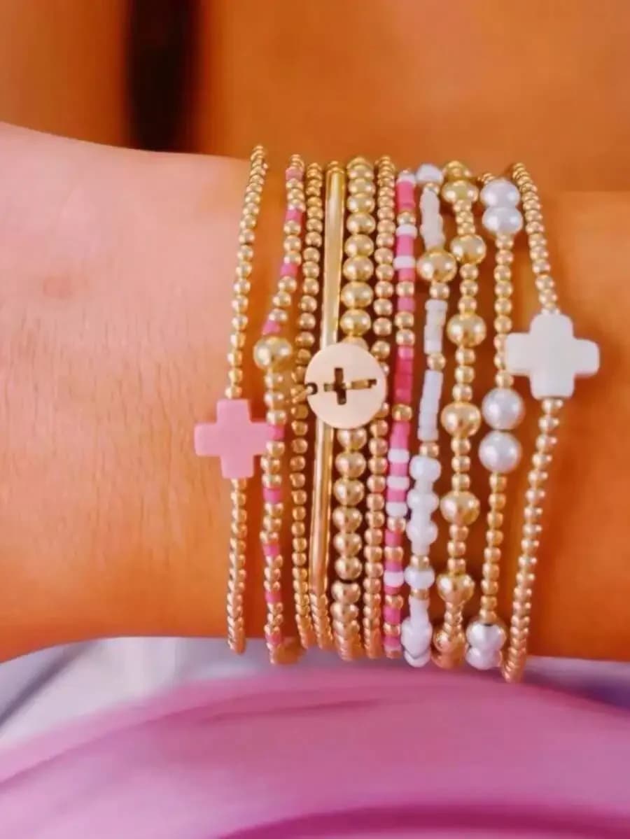 Set di 13 braccialetti da donna con croce, perline colorate, perline CCB, braccialetti elastici multistrato con perle finte, regalo di compleanno