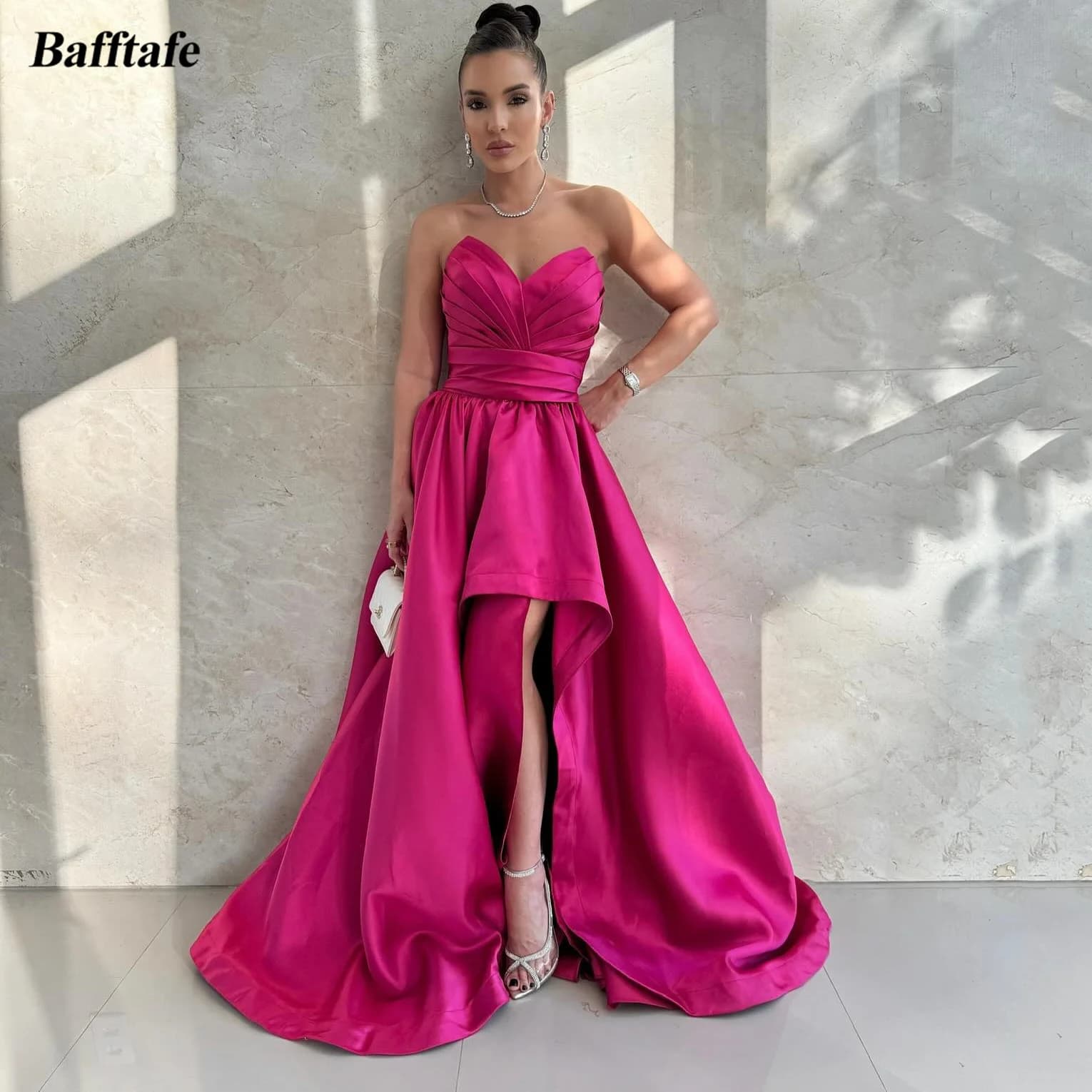 Bafftafe Abiti da festa da ballo in raso fucsia Abiti da sera formali per occasioni speciali con spacco pieghettato personalizzato