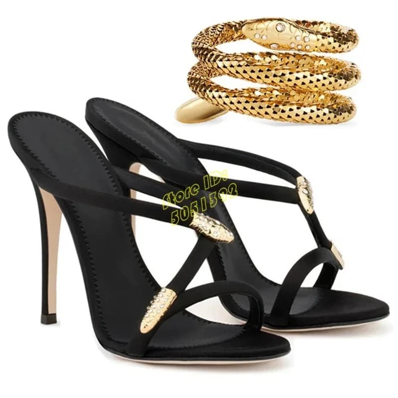 Sexy Black Cross-Strapped Sandals for Women with Thin Heels Open Toe Fashionable Versatile Metallic Decor Ladylike Style Slip On