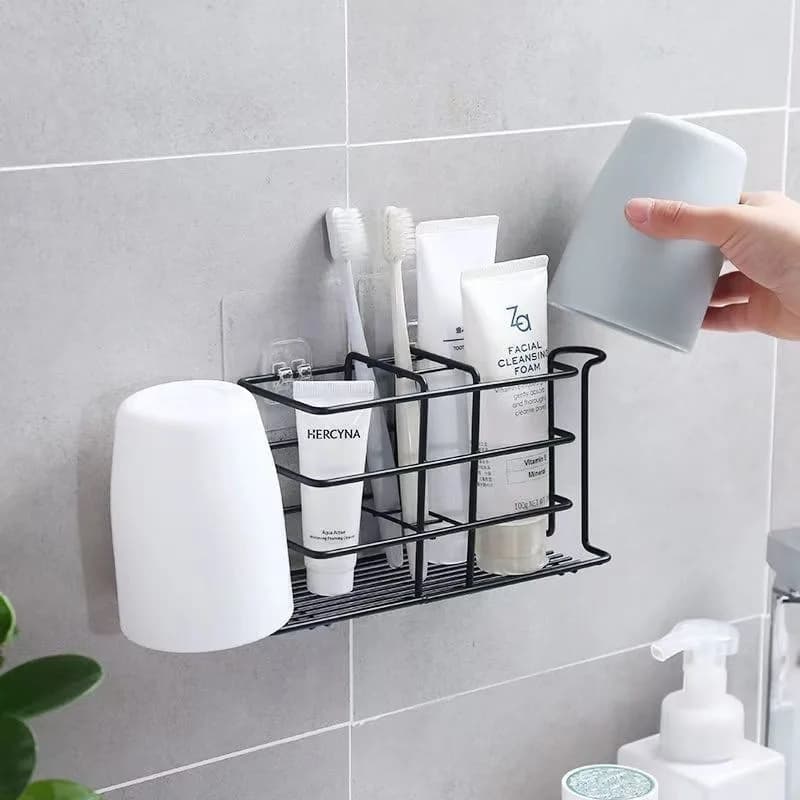 1pc Drill-Free Iron Toothbrush Holder with Wall-Mounted Mouthwash Cup Rack - for Bathroom & Kitchen Storage, Home Decor