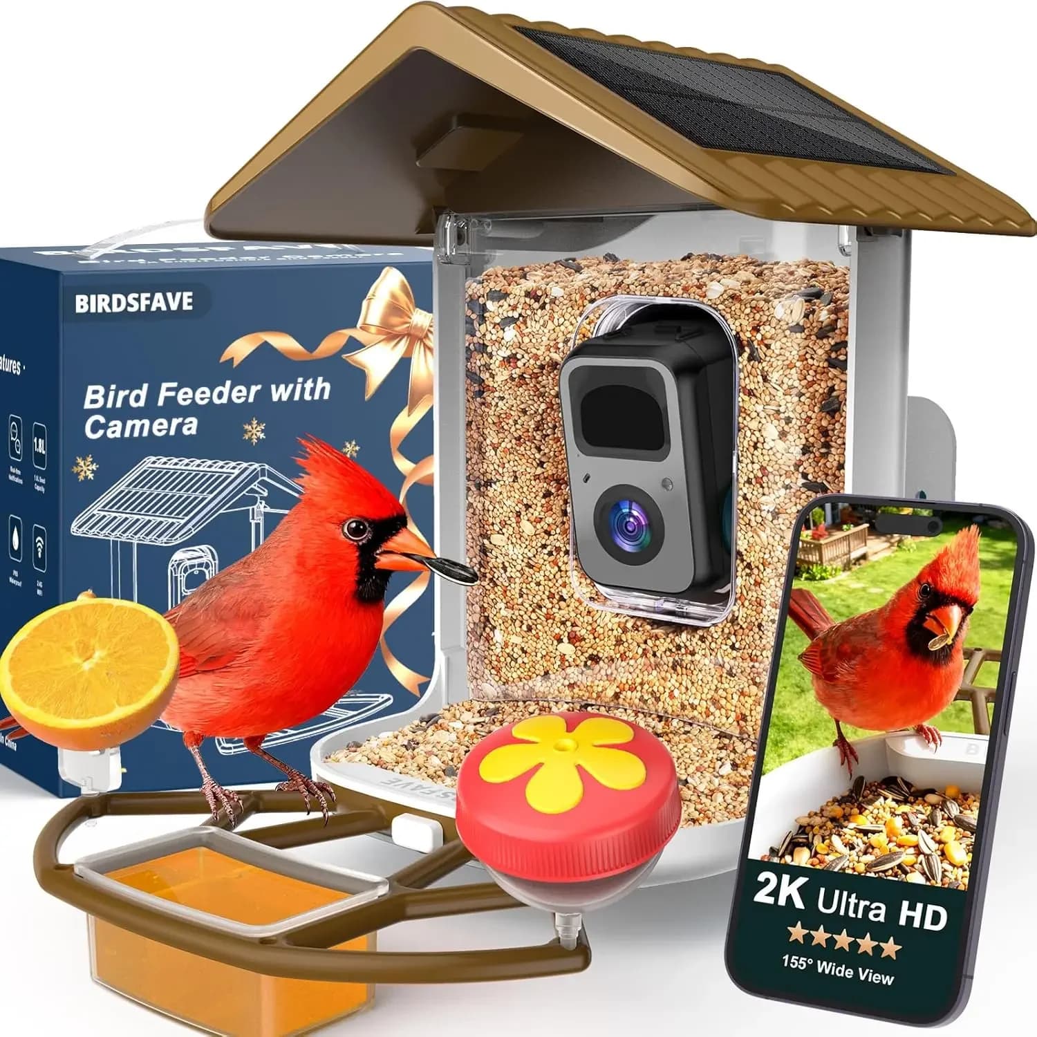 Smart Bird Feeder with Camera Solar Powered Outdoor 2K Live Auto Capture Video AI Identify 32GB TF Card 24G WiFi Backyard Gift f