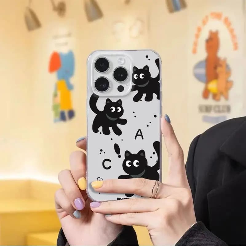 Phone case with black dotted kitten and malicious for iPhone 17 AIR 16 15 14 13 12 11 PRO MAX PLUS, anti-dust and anti-fall