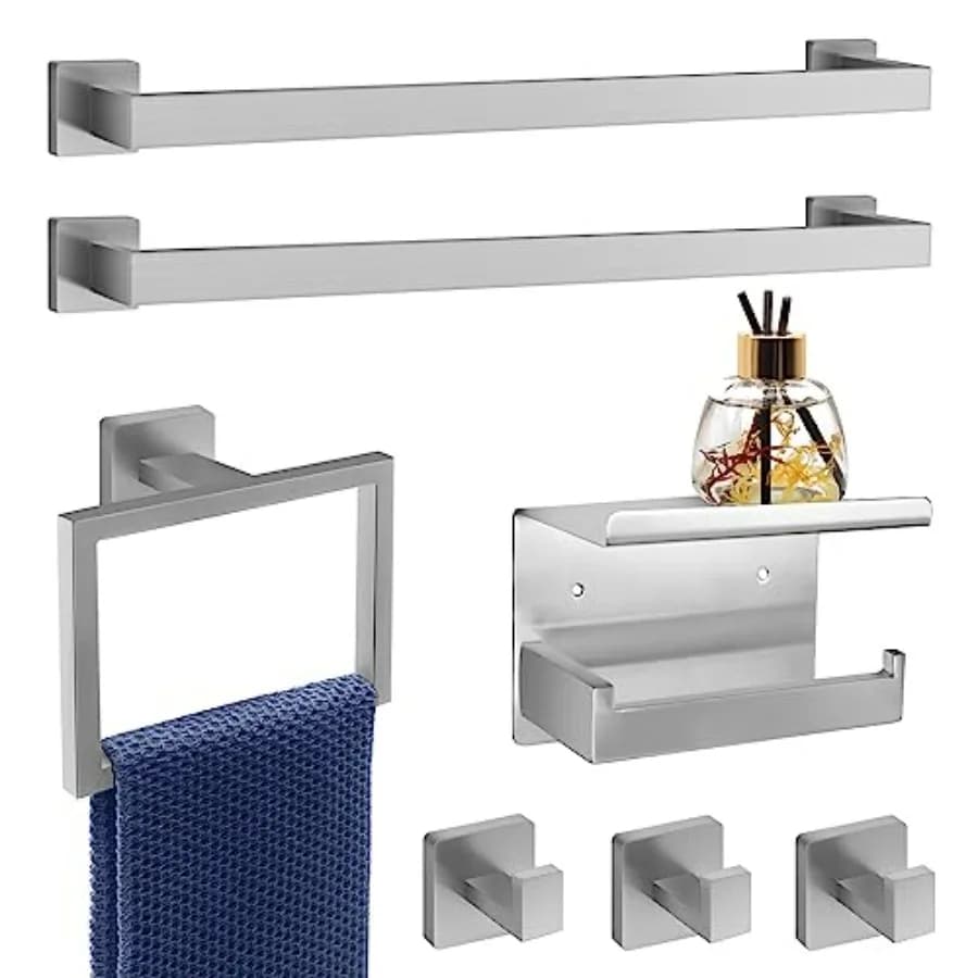 Set di accessori per il bagno: nichel spazzolato, 7 pezzi, montaggio a parete, include portasciugamani e due barre quadrate da 23 pollici, acciaio inossidabile