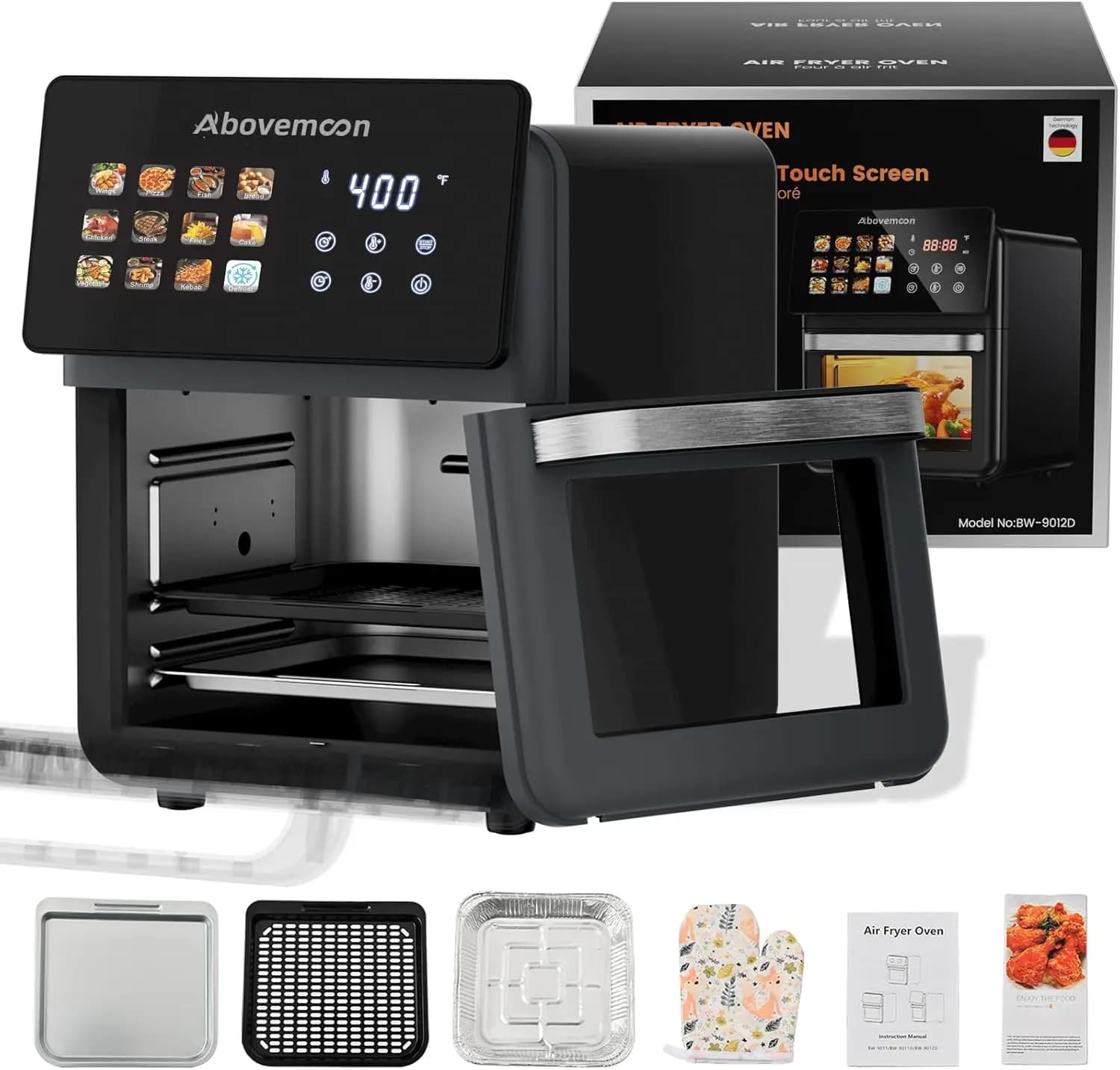 Forno a convezione da 10 Qt, 12-in-1 con finestra in vetro, cestello antiaderente, sportello rimovibile, nero