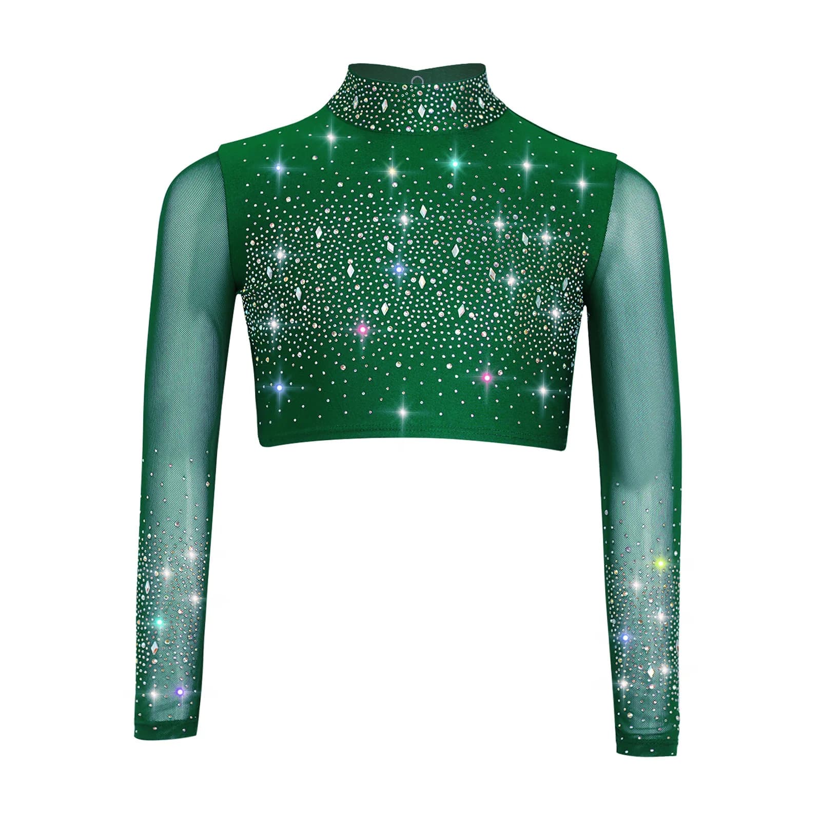 Costume da Danza Lirica Moderna per Bambine, Abbigliamento per Pattinaggio Artistico e Balletto, Top Corto in Rete Trasparente con Maniche Lunghe e Strass Luccicanti