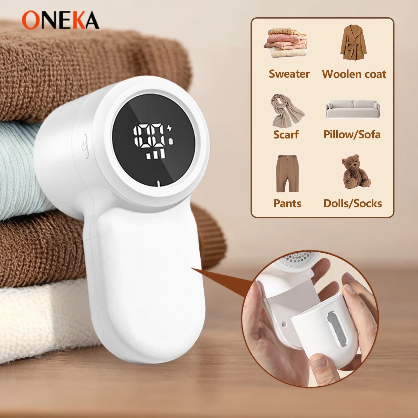 ONEKA Rechargeable Fabric Shaver Lint Remover Sweater Defuzzer Lints Fuzzs Pills Pilling Trimmer for Clothes Furniture
