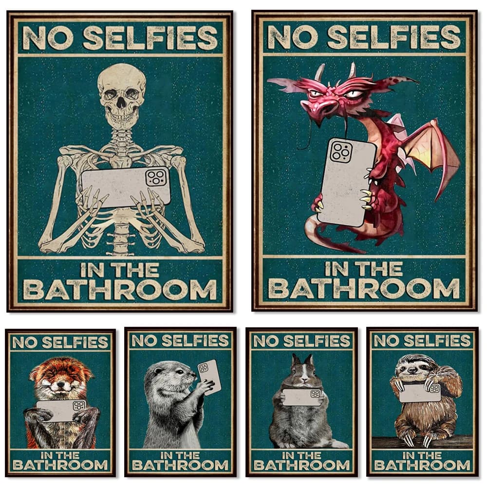 Poster bagno senza selfie, teschio, gatto nero, lontra, coniglio, bradipo, volpe, drago, mappa procione, divertente regalo con stampa animalier