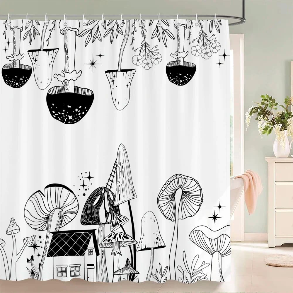 Tenda da doccia artistica semplice in bianco e nero da 1 pezzo con ganci - Design moderno di piante astratte, decorazione chic per il bagno del bagno