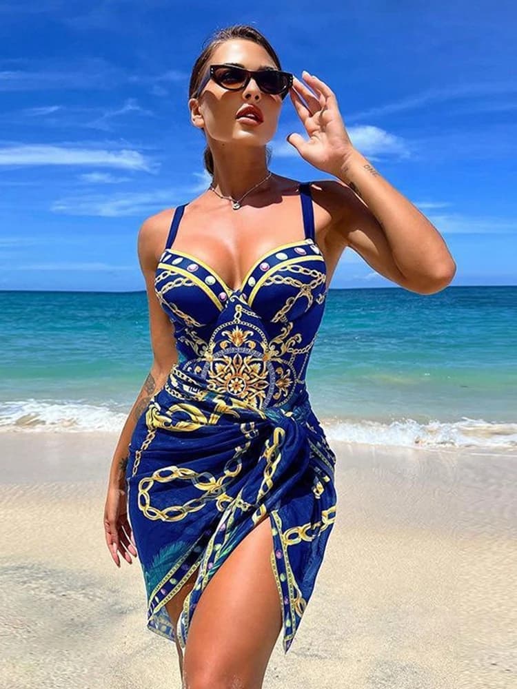 Costume da bagno sexy da donna con ferretto Costume da bagno 2 pezzi Catene monokini sottili Stampa bikini push up Nero Blu Verde Beachwear Lusso leggero