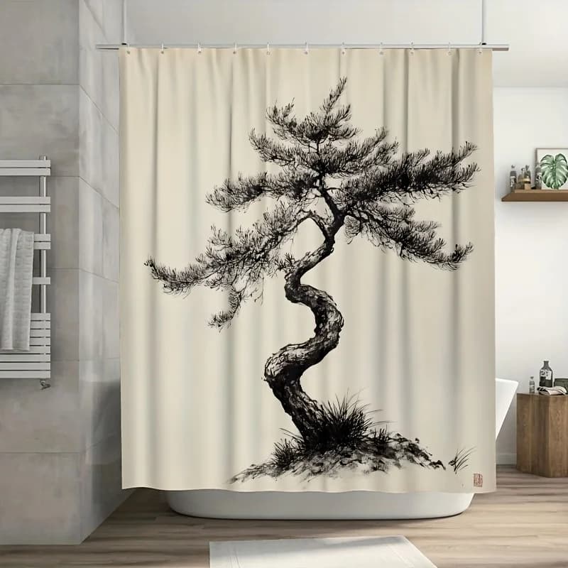 Tenda da doccia con albero di pino con inchiostro sutil - Oscillazione in brezza, spazio aperto, include ganci in plastica, arredamento da bagno moderno