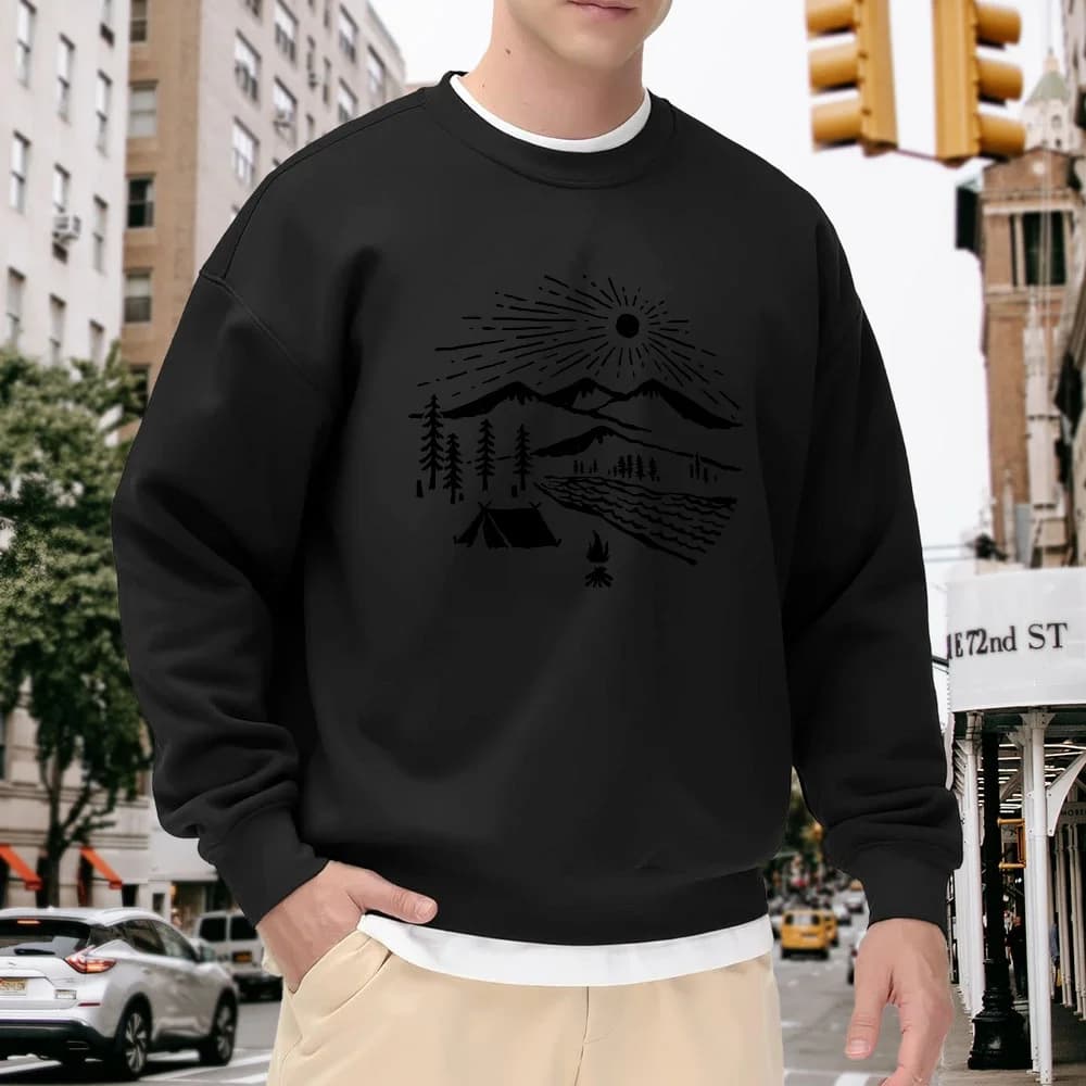 Men's Black Crew Neck Loose Sweatshirt, Outdoor Landscape Print Pullover, Casual Versatile Street Style Top, Comfortable Trendy Jacket for Everyday Outings