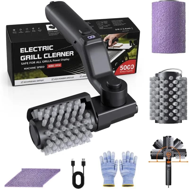 Shinmax Cordless Electric Grill Brush, 4-Speed 600RPM 5000mAh IPX6 Waterproof, 180° Adjustable 304 Stainless Steel BBQ Cleaner