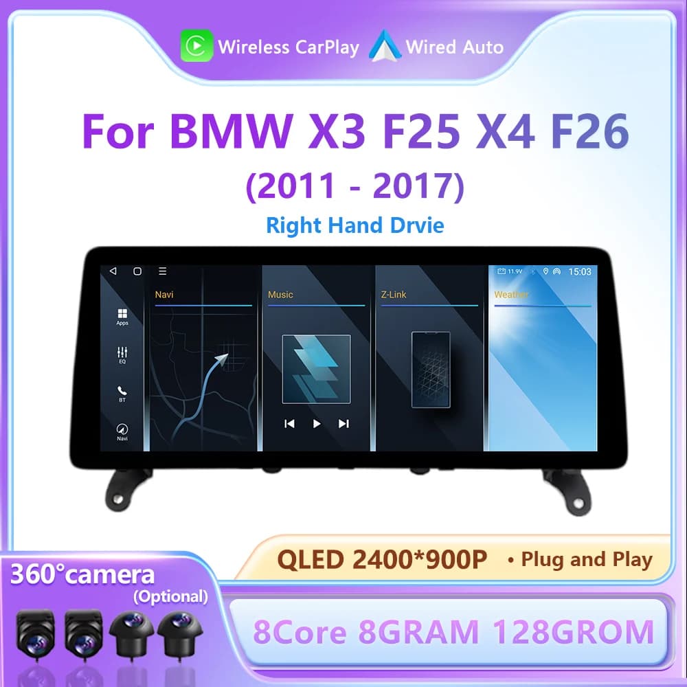 RHD 12.3 inch Android15 For BMW X3 F25 X4 F26 2011-2017 Smart Car Systems Wireless Carplay DSP Stereo GPS Navigation Screen Accessories