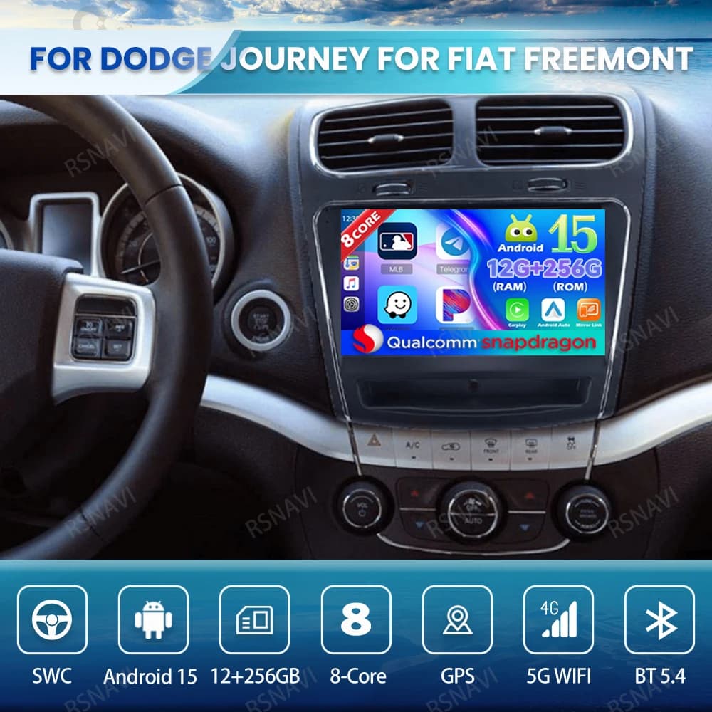 Android 15 Autoradio Per Dodge Journey Per Fiat Freemont Stereo QLED Autoradio DVD di Navigazione BT Qualcomm 5G WIFI GPS 4G LTE