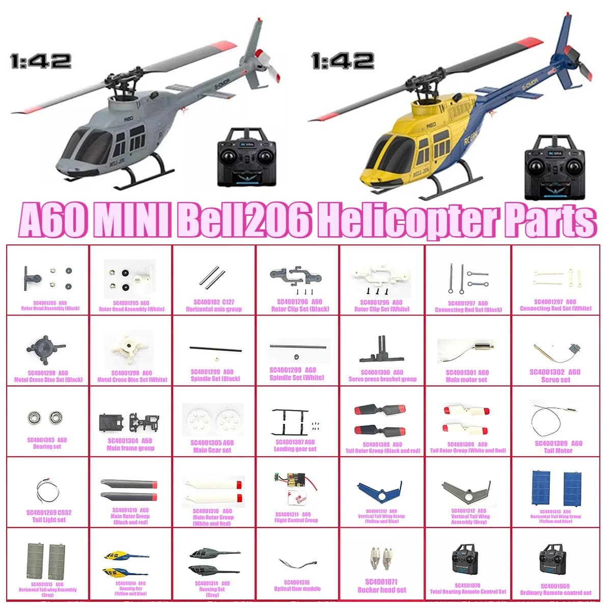 RC ERA A60 MINI Bell206 Parti dell'elicottero RC Motore di coda telecomandato Albero principale Collezione di accessori per sterzo del motore