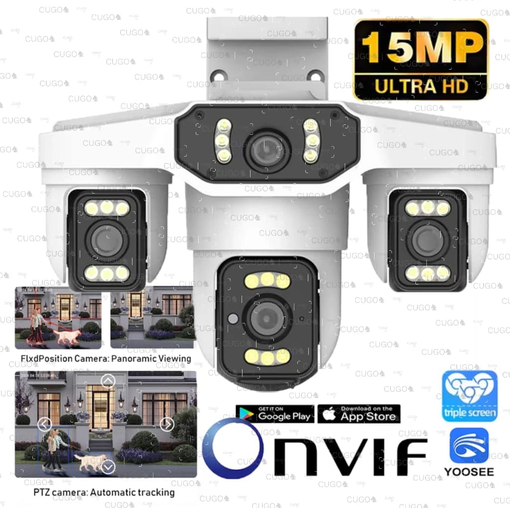 Telecamera IP Yoosee 15MP 8K a Tre Schermi WiFi per Esterni Impermeabile con Quattro Lenti, Tracciamento Automatico PTZ, Videosorveglianza CCTV Onvif