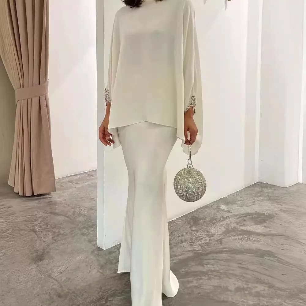 2025 Elegante gonna a due pezzi in raso tinta unita con scollo tondo in rilievo Abito da donna con maniche larghe Top slim fit Gonna alla moda