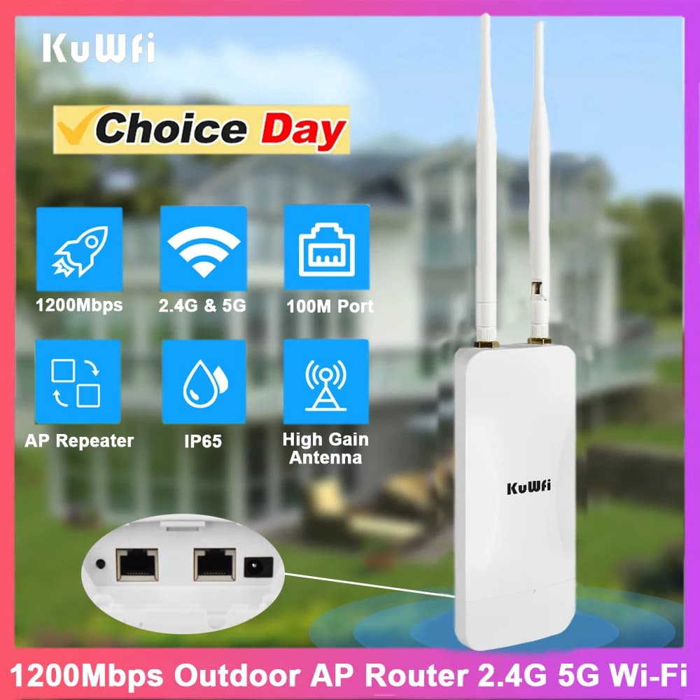 KuWFi 1200Mbps Outdoor AP Router Dual Band Wireless WiFi Router AP Repeater Signal Coverage High Gain Detachable Antenna 24V POE