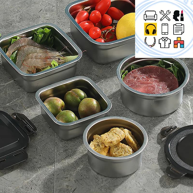 Contenitore per alimenti in acciaio inossidabile Scatola per conservazione fresca Coperchio sigillato Contenitore per frutta e verdura Contenitore per la preparazione dei pasti Set da cucina per frigorifero Ciotola quadrata rotonda