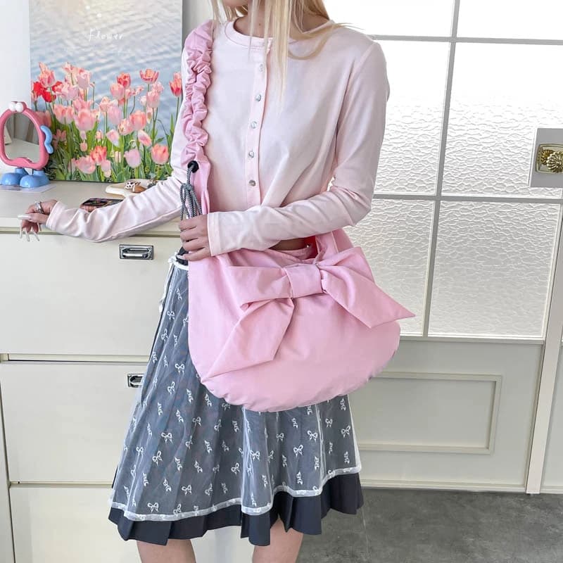 New Korean Fashion Bow Ruched Nylon Tote Bags Trendy Ruched Handle Shoulder Bag for Women Hot Sale Large Capacity Soft Handbag
