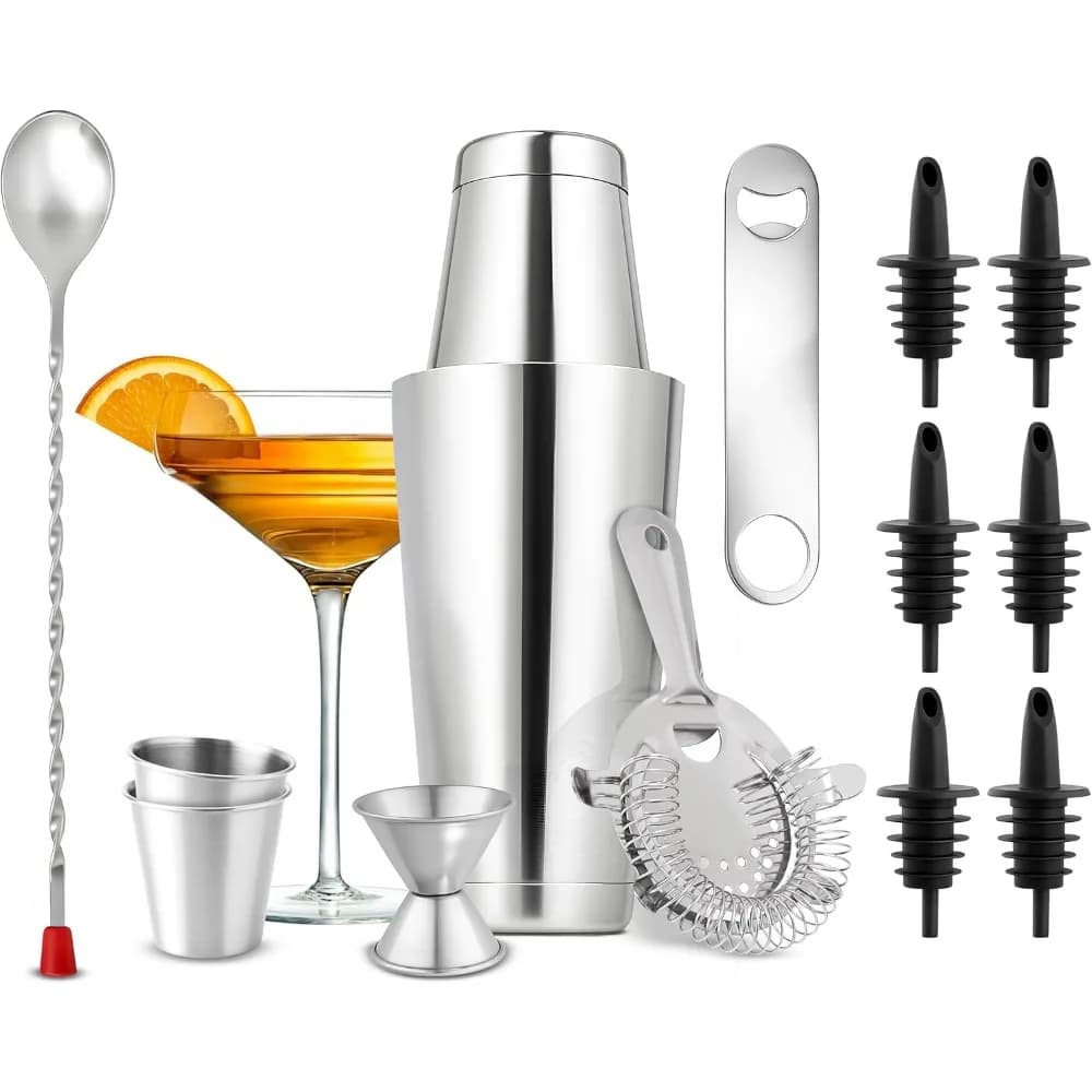 Set shaker per cocktail da 15 pezzi in acciaio inossidabile con strumenti da bar e libro delle ricette - Essenziale per il barista domestico