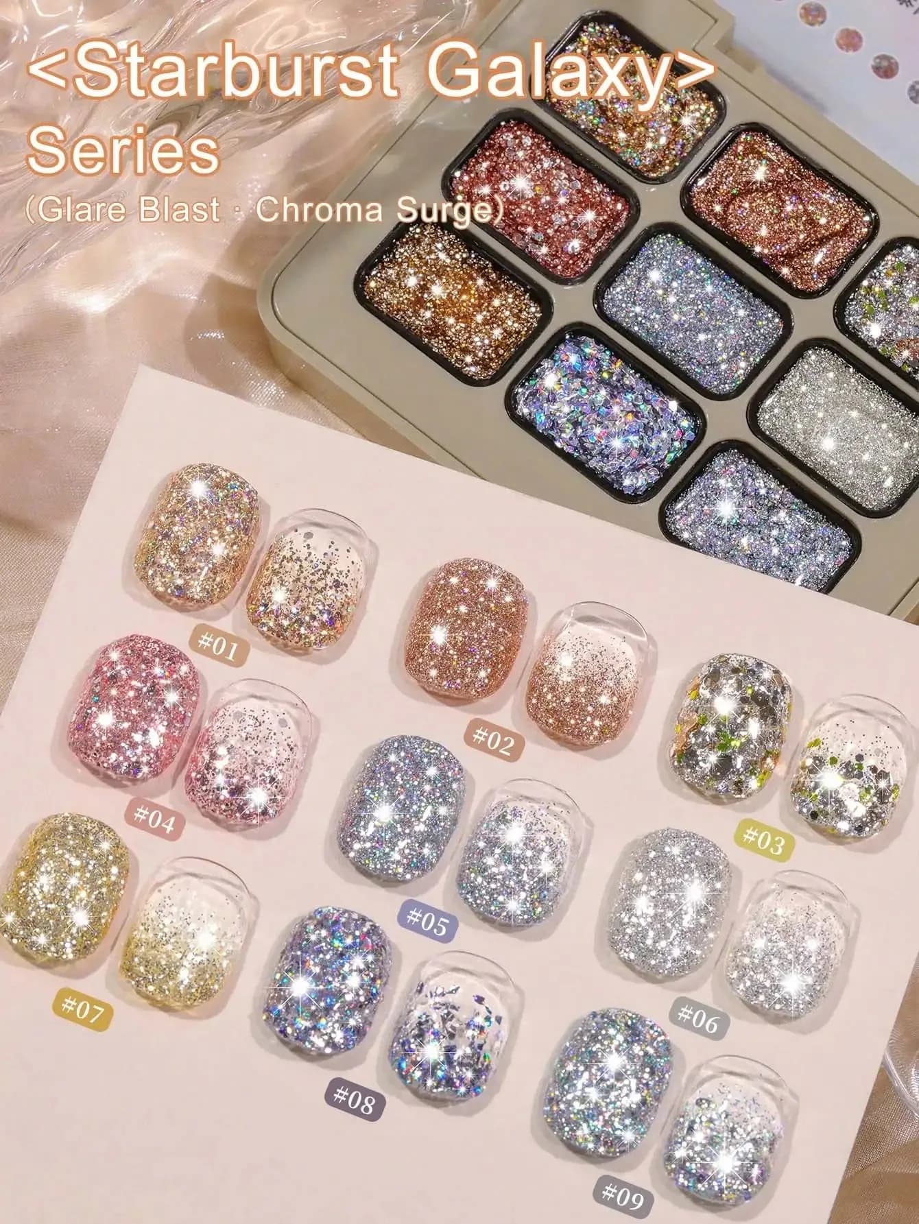Palette di gel per unghie con glitter in 9 colori, paillettes scintillanti, gel UV LED rimovibile per nail art, smalto gel per decorazioni manicure fai da te e da salone.