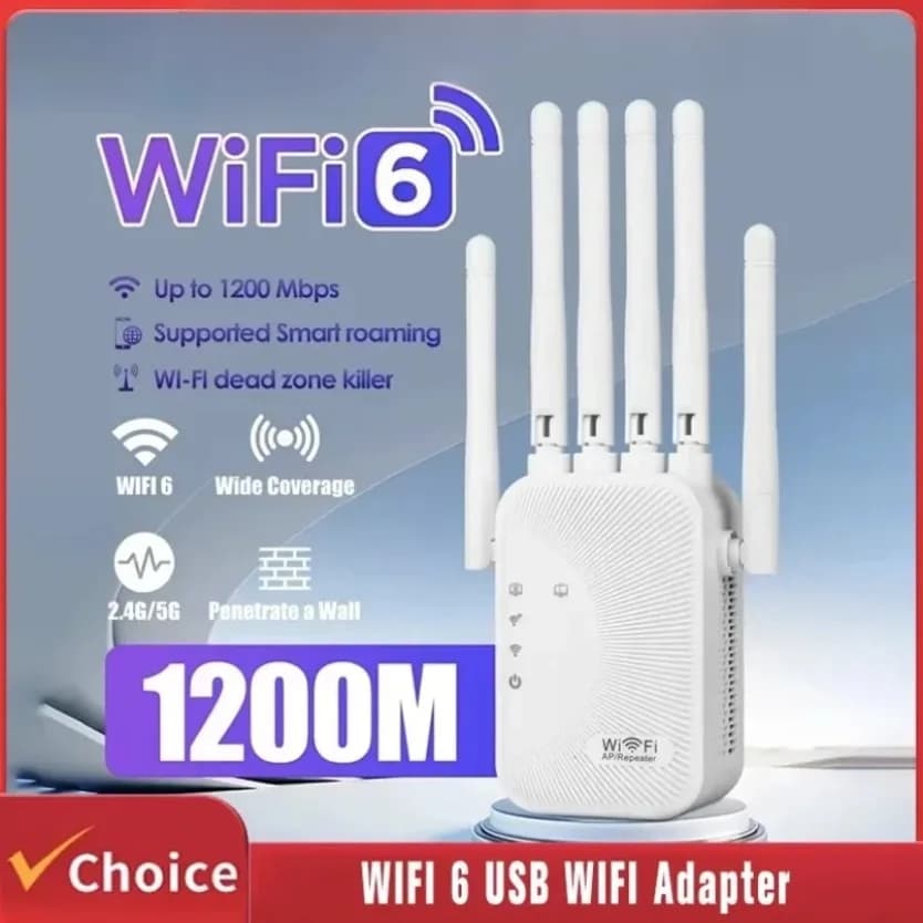 1200Mbps Dual‑Band WiFi Repeater 6 High‑Gain Antennas Wireless Signal Booster Through‑Wall Easy Installation For Home Bedroom