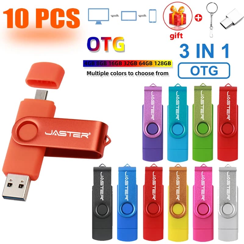 JASTER 10 PZ LOTTO Pen Drive 128 GB 3 IN 1 Memoria USB 64 GB Portachiavi Chiavetta USB 32 GB Adattatore TYPE-C gratuito Memory Stick Regalo
