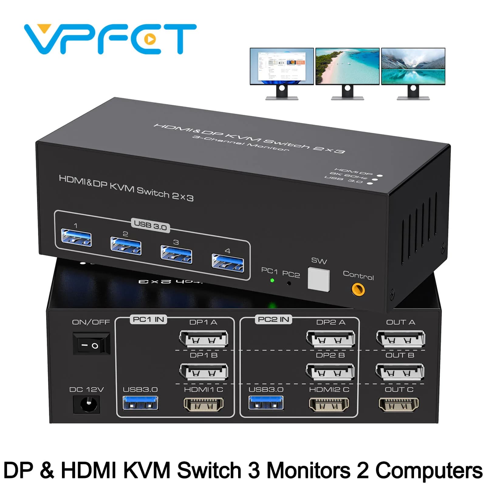 Switch KVM HDMI DP 8K 3 monitors 2 computers DP 1.4 8K@60Hz 4K@120Hz Display port for 2 PCs Share 3 monitors and 4 USB 3.0 devices