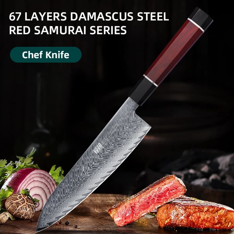 Knife FINDKING Series Samurai Red AUS-10 67 Sheets Japanese steel knife Damascus professional kitchen knife 8 inch