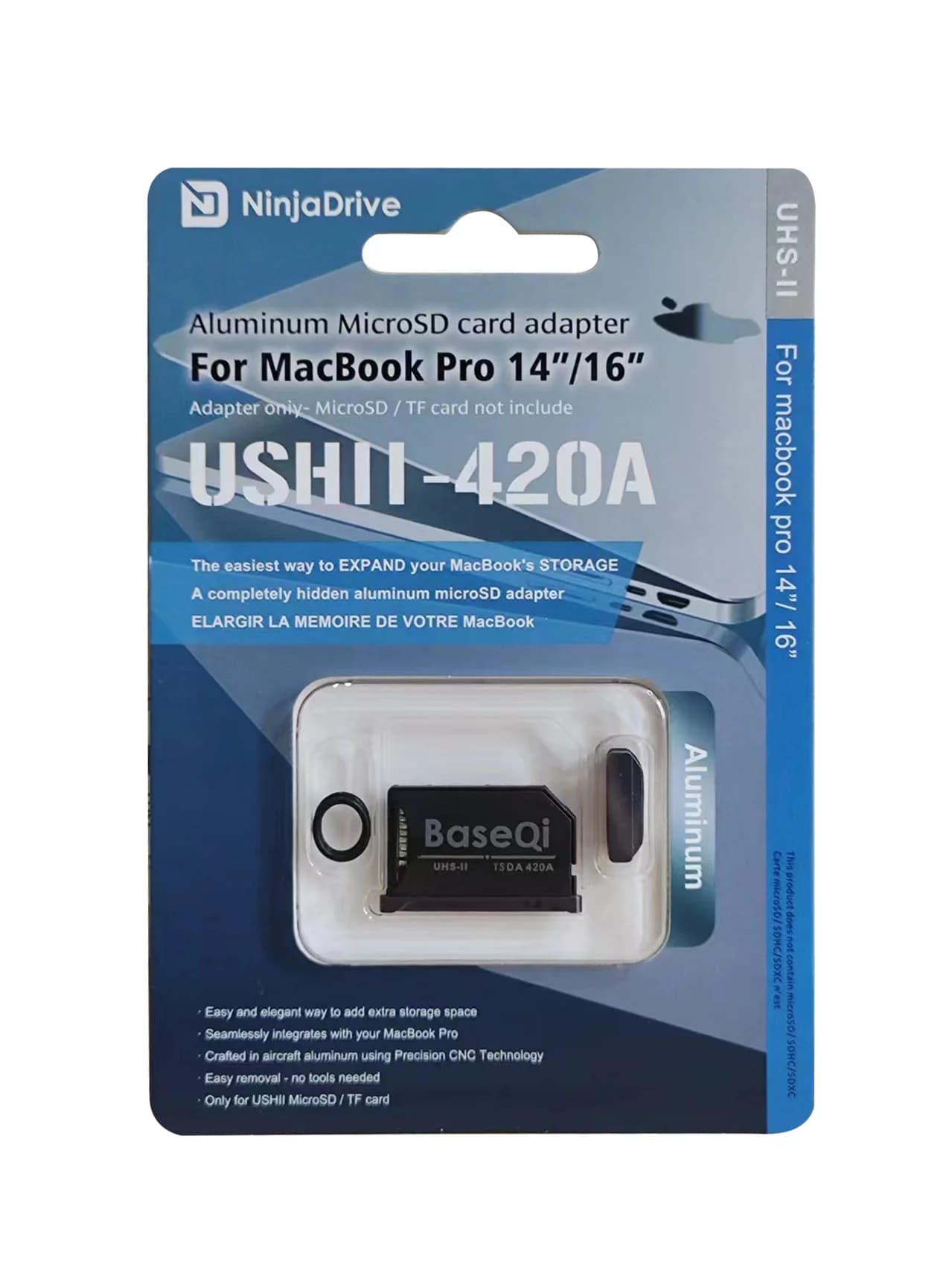 BaseQi MacBook 420AHB Adattatore per scheda Micro SD/TF invisibile in alluminio nero per MacBook Pro Retina Lettore di schede SD da 14/16 pollici