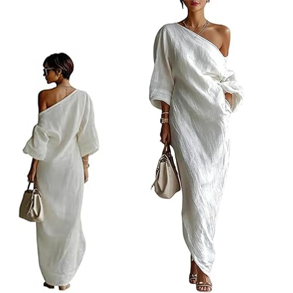Abito Lungo Elegante Monospalla Bianco Avorio da Donna in Misto Cotone-Lino con Tasche e Maniche a Lanterna Drappeggiate